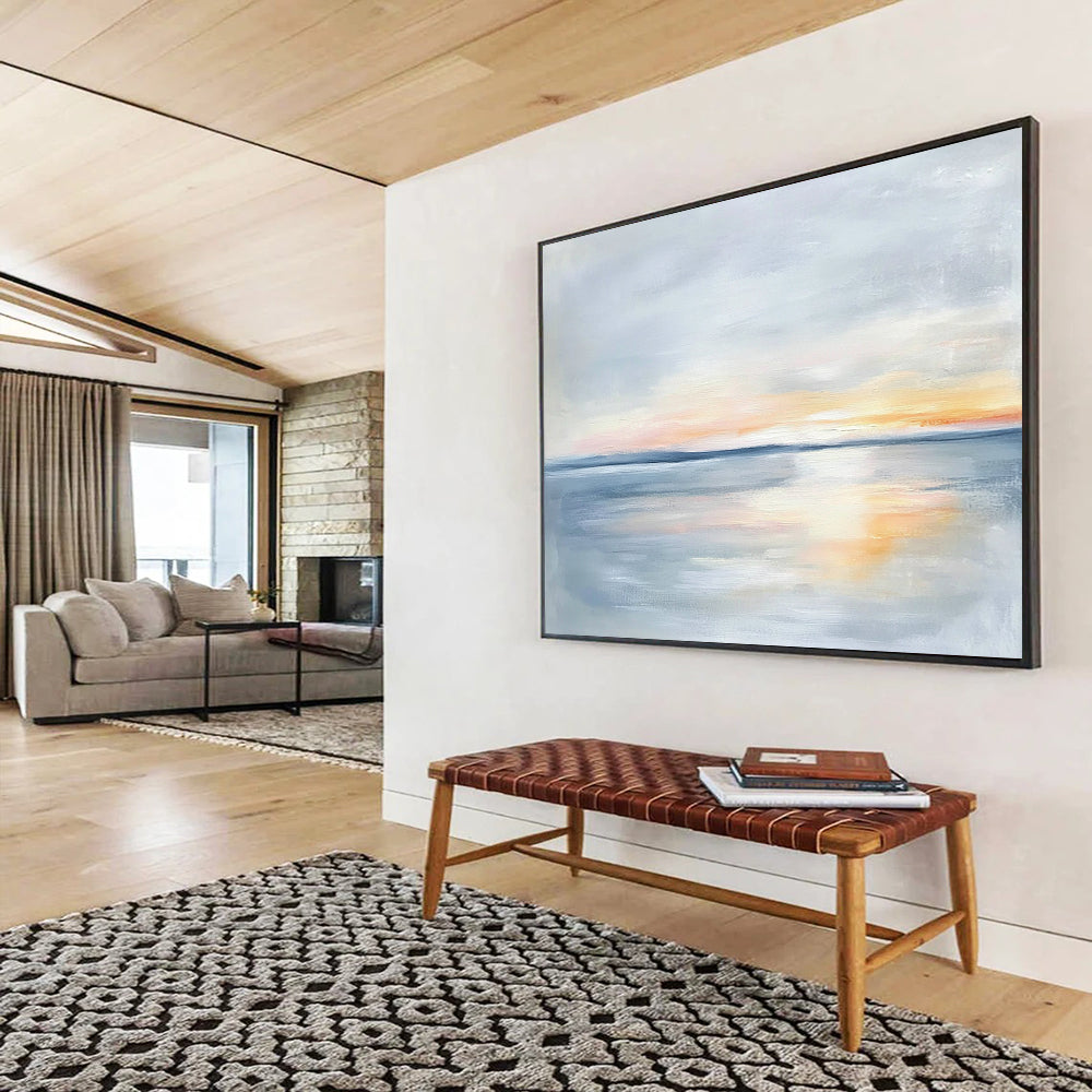 “Pastel Sea Sunset” - Soft Gray, Orange, Pink, Tranquil Seascape Painting On Canvas HB1005