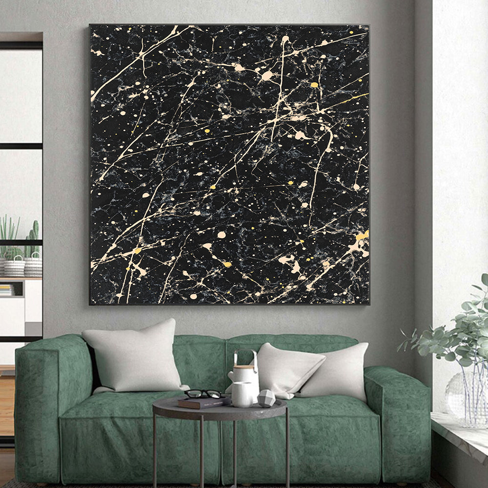 Black, White, Yellow, Marbled Patterns "Starry Night Marble" Abstract Modernist Painting On Canvas HB049
