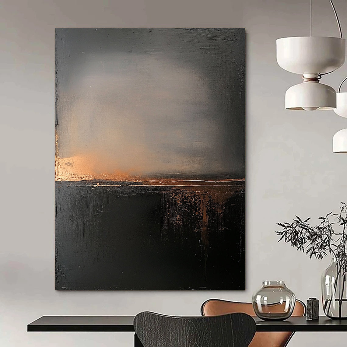 Contemporary abstract painting featuring atmospheric clouds and a foggy landscape in muted gray and black tones with hints of gold enhancing serenity and introspection. DLZ0692