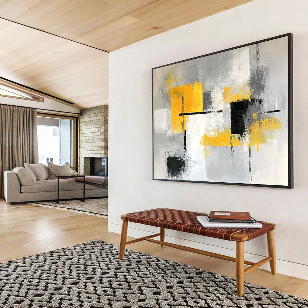 “Gray and Yellow Geometric Abstract” - Gray, Yellow, Geometric Shapes Painting On Canvas HB0887