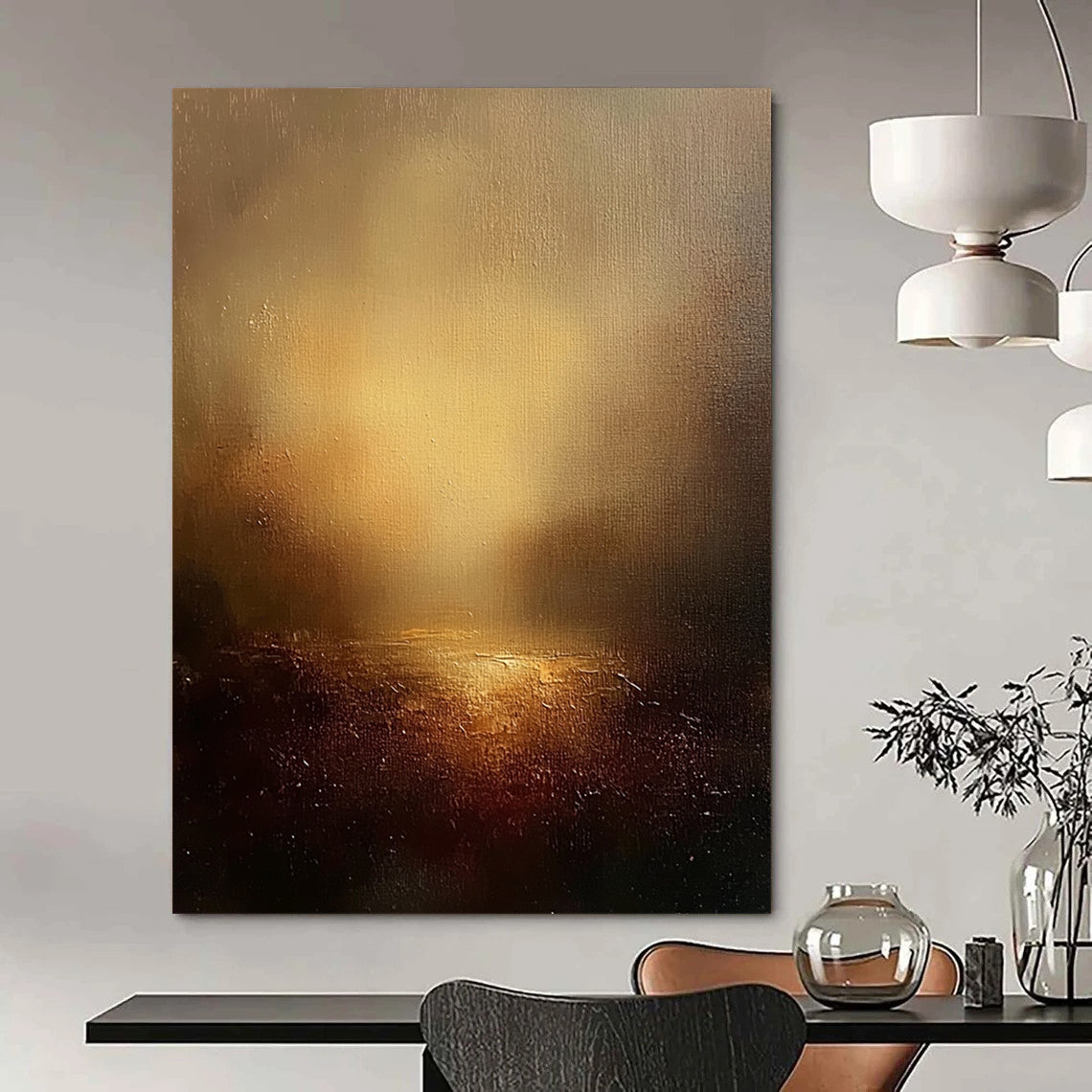 Contemporary abstract painting featuring an ethereal landscape with warm tones golden light and textured canvas against a dark sky backdrop. DLZ0458