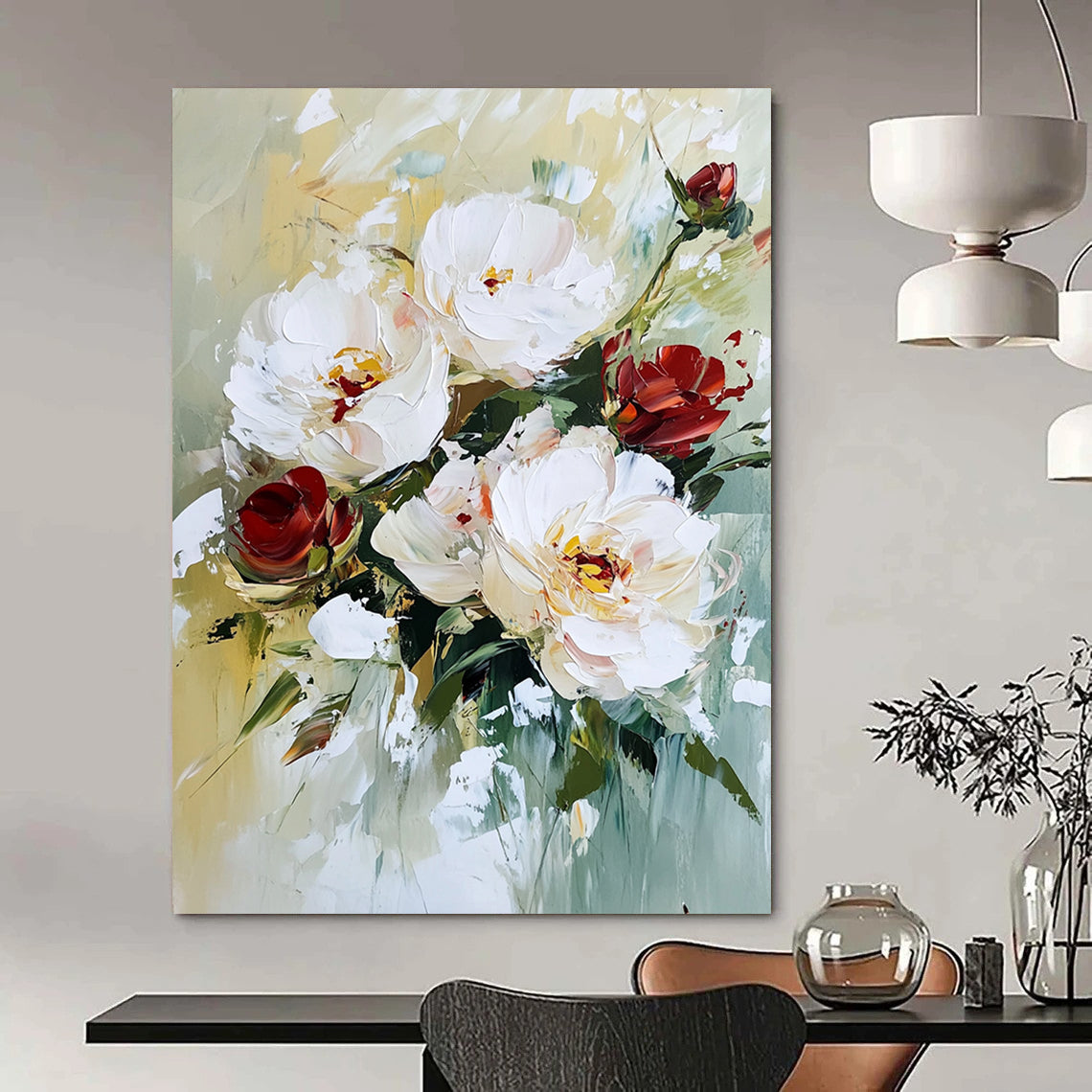 Contemporary abstract painting featuring textured white peonies and red roses with vibrant brush strokes and a soft, natural background. DLZ0673