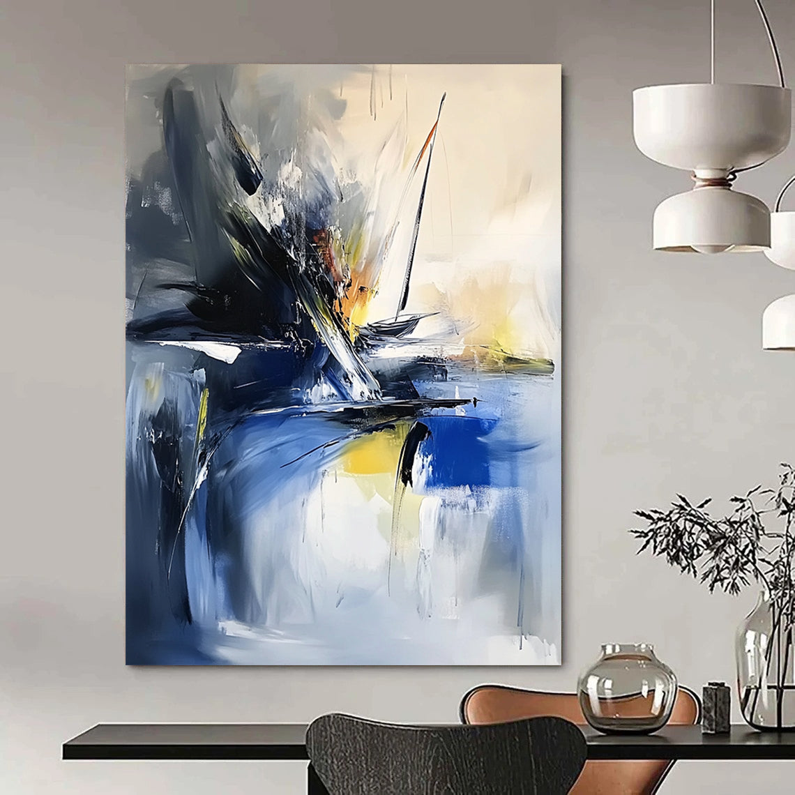 Modern abstract painting showcasing thick brush strokes and textured palette knife techniques in vibrant sea-inspired colors featuring a small sailboat in the corner. DLZ0957