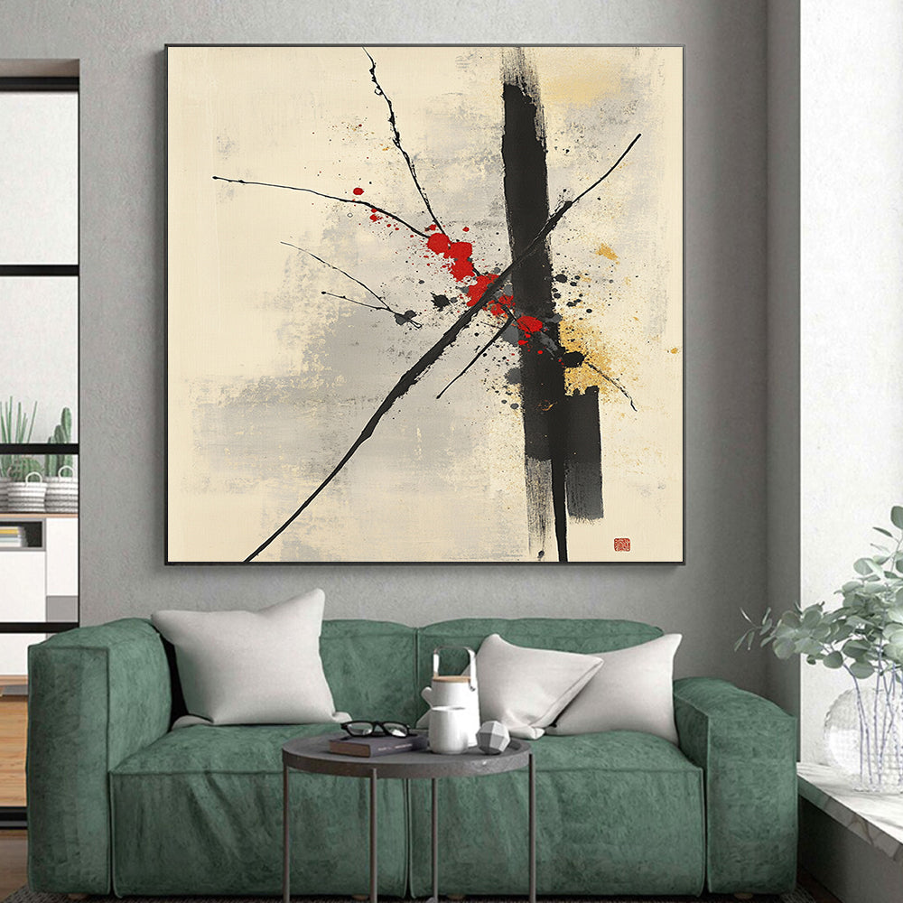 Black, Red, Gray and Beige Minimalist Branches "Splash Blossom" Painting On Canvas HB315