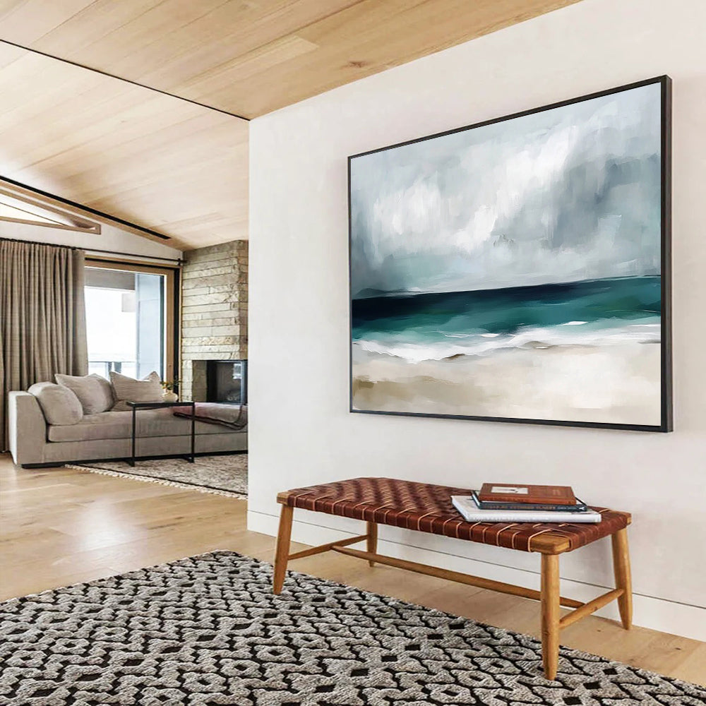 “Stormy Beach Abstract” - Gray, Teal, White, Beige - Abstract Stormy Beach Scene - Acrylic Painting HB1310