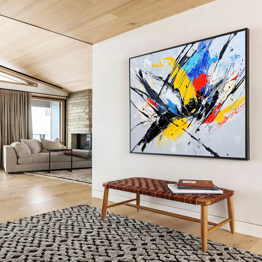 “Dynamic Color Splashes and Black Strokes” - Yellow, blue, red, black, white; Energetic color splashes with bold black strokes; Expressive Acrylic Painting On Canvas HB1201