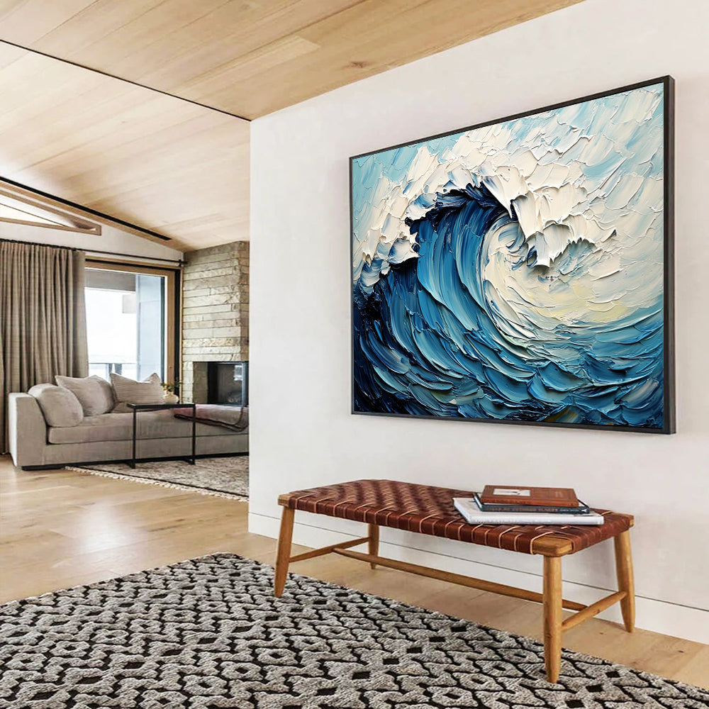 “Thick - Textured Blue Wave” - Blue, White, Swirling Wave, Ocean - Impasto Oil Painting HB1679