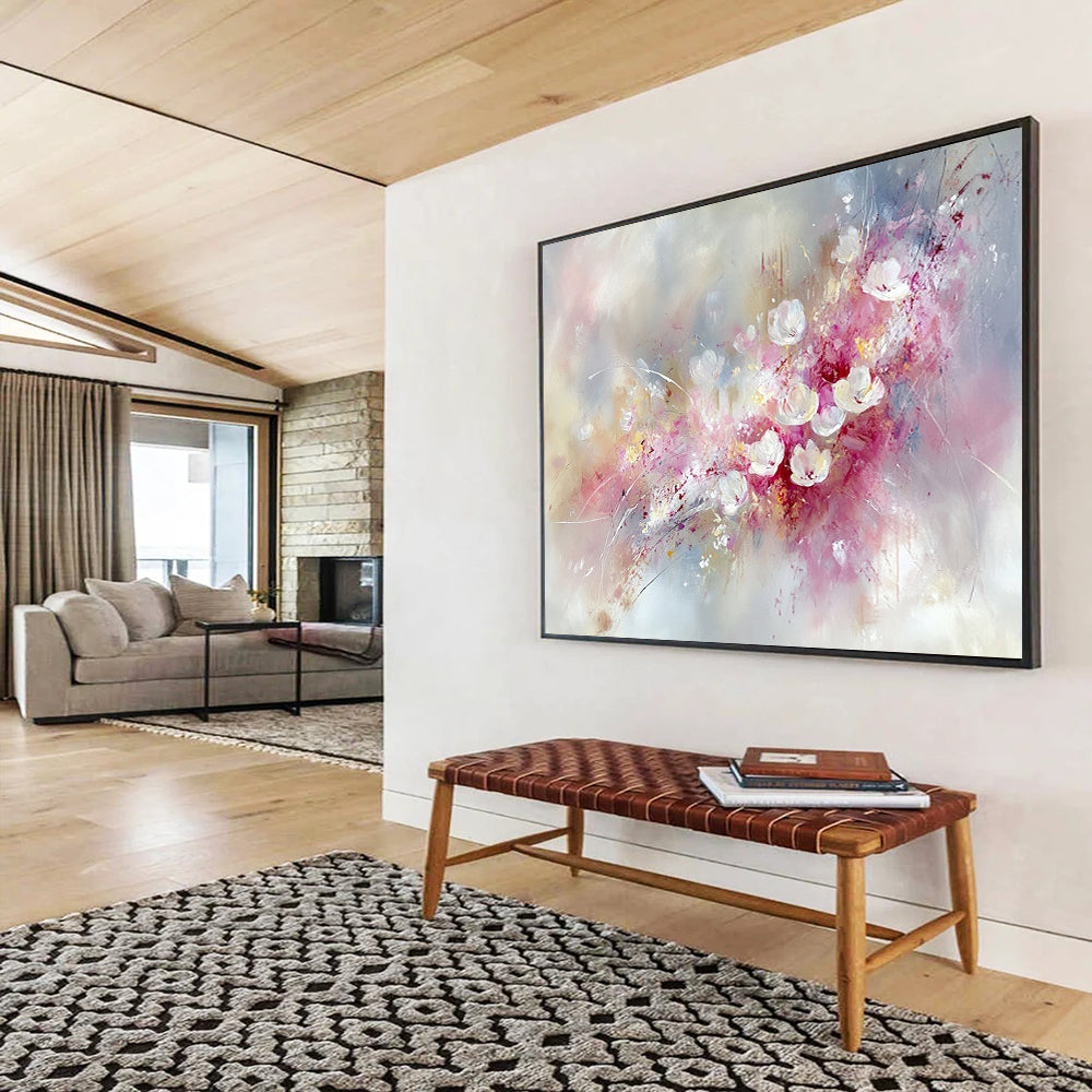 “Blush Floral Burst” - Pink, White, Gray, Abstract Flowers - Oil Painting HB1481