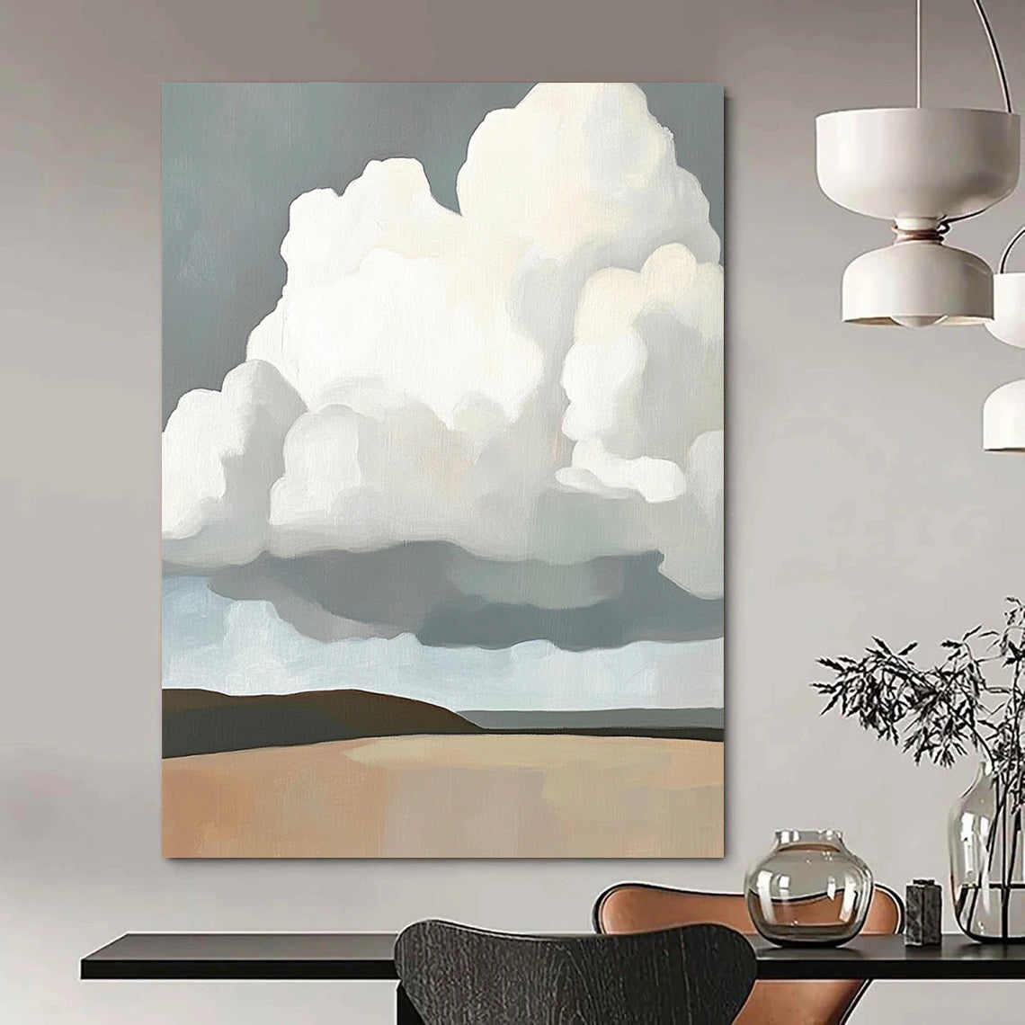 Abstract oil painting featuring large white clouds above a grey brown landscape in a minimalist style inspired by contemporary art. DLZ1681