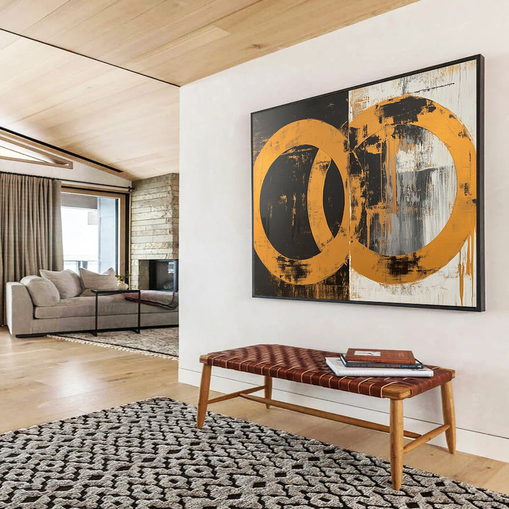 “Interlocking Gold Circles” - Gold, Black, White, Abstract Circles Painting On Canvas HB0785