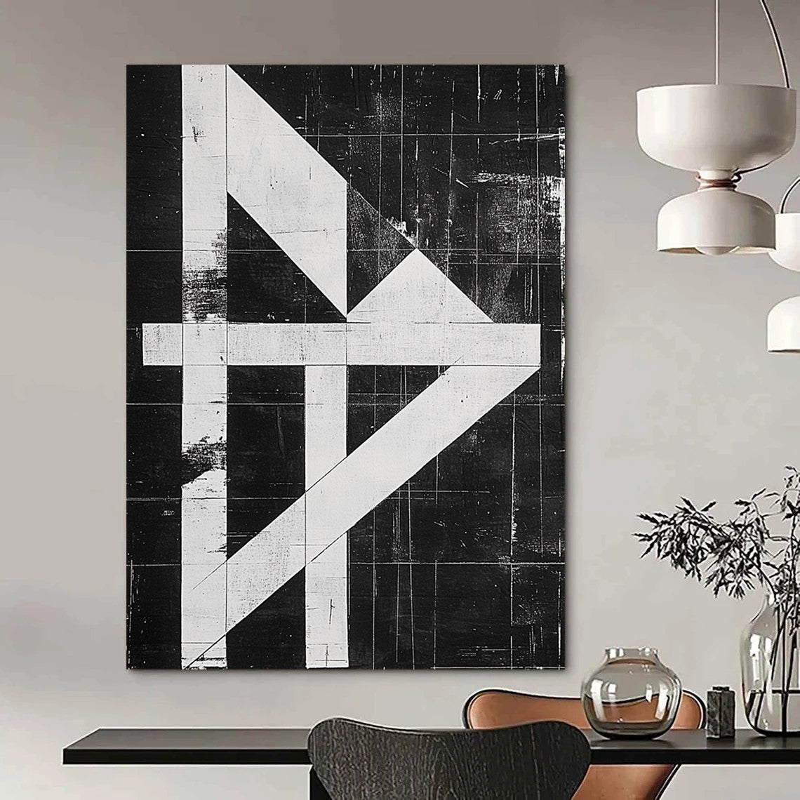 Contemporary hand-painted abstract artwork featuring a high-contrast black and white design with an "H" shape and textured risograph print on canvas. DLZ1140