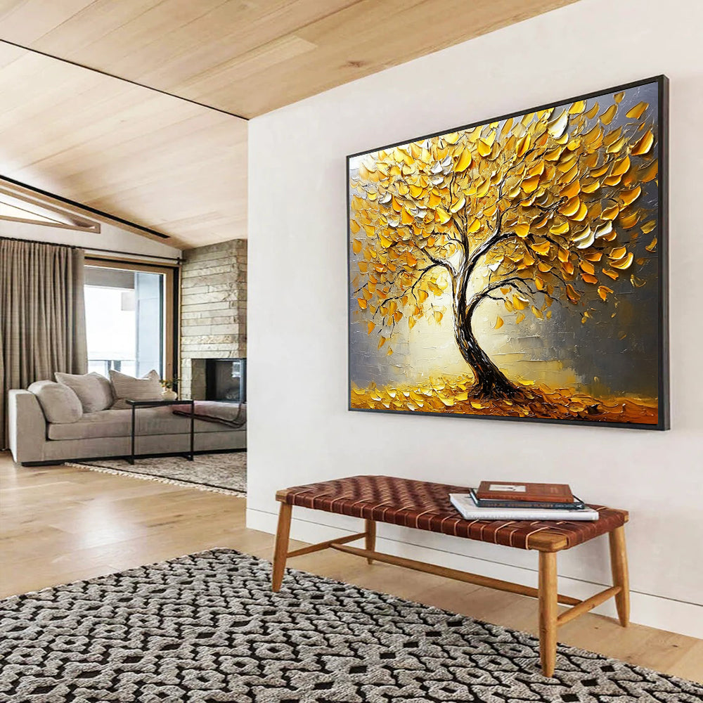 “Textured Golden Tree” - Gold, Gray, 3D Golden Leaves, Tree - Impasto Oil Painting HB1678