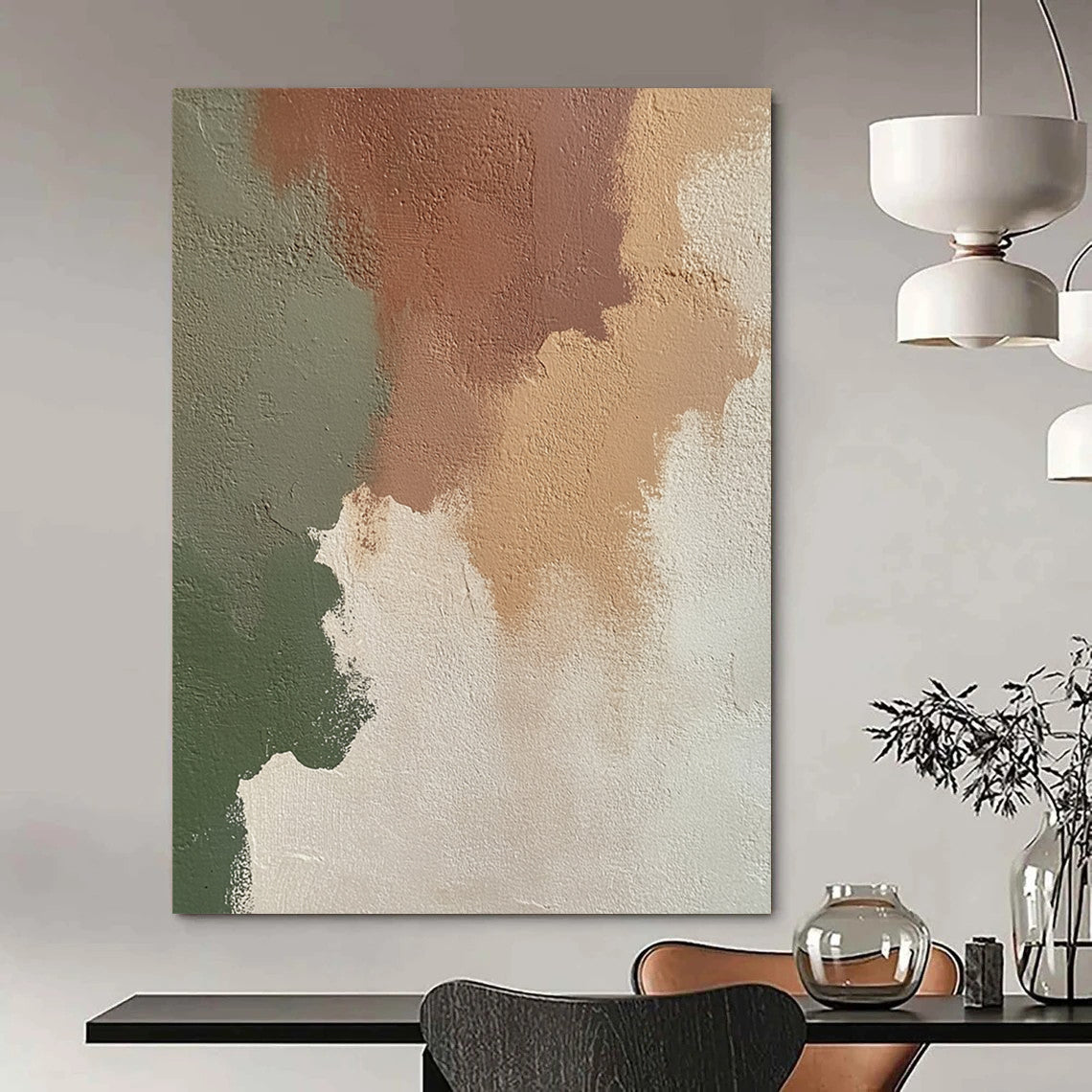 Contemporary abstract artwork featuring an irregular blend of beige, brown, and green on an off-white wall, perfect for modern decor. DLZ1197