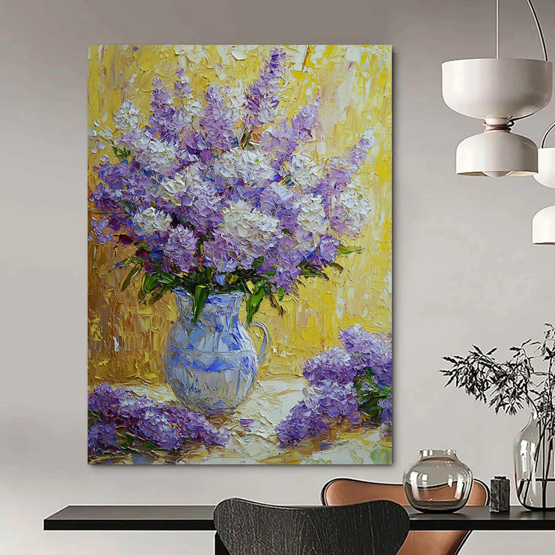 Contemporary hand-painted abstract art featuring vibrant purple and white flowers in a rich impressionist style with soft textured petals and a beautiful yellow background. DLZ1288