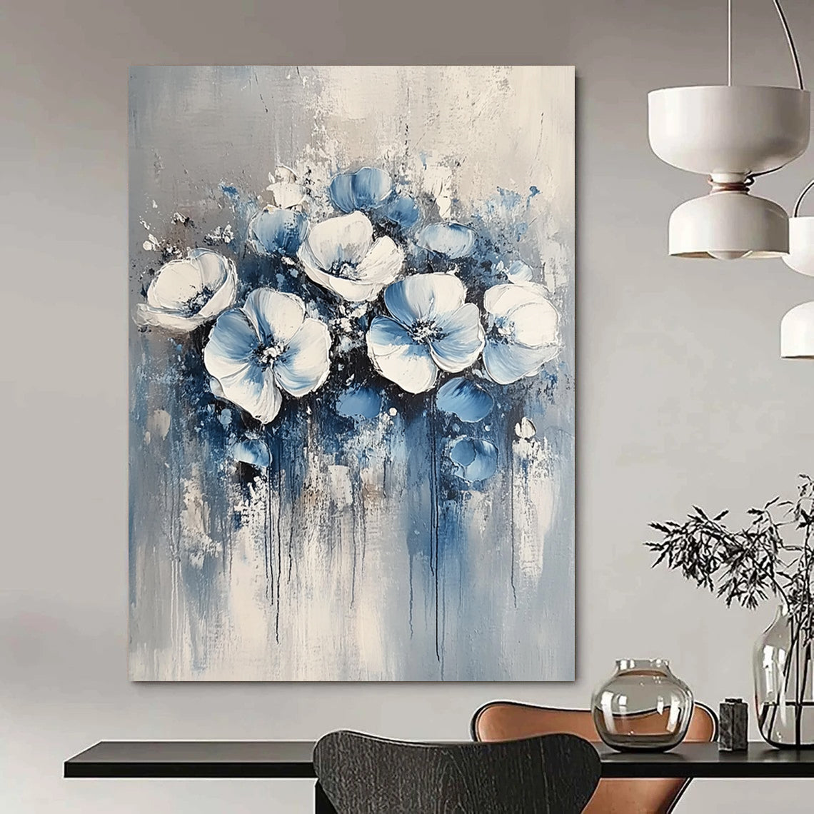 Contemporary abstract painting featuring delicate blue and white floral motifs against a soft grey background, perfect for modern decor. DLZ0349