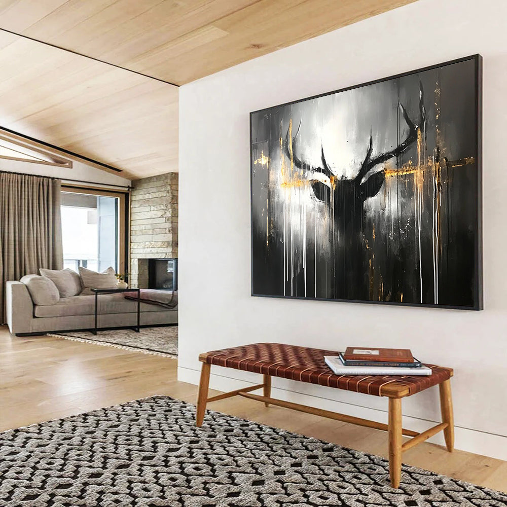 “Mystic Stag” - Dark grays, blacks, striking golds; Abstract stag head, dripping lines; Contemporary Animal Painting On Canvas HB1152