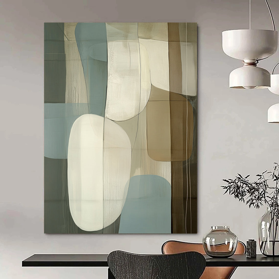 Large contemporary hand-painted abstract artwork featuring light blue beige and white shapes on a dark gray background with striking depth. DLZ1299