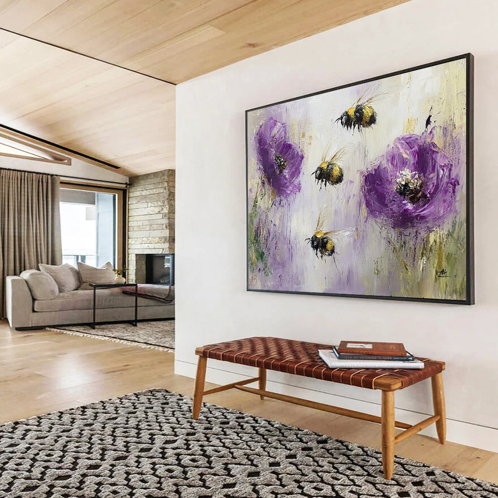 “Buzzing Bees and Purple Poppies” - Purples, Yellows, Blacks, Nature Scene - Textured Oil Painting HB1564