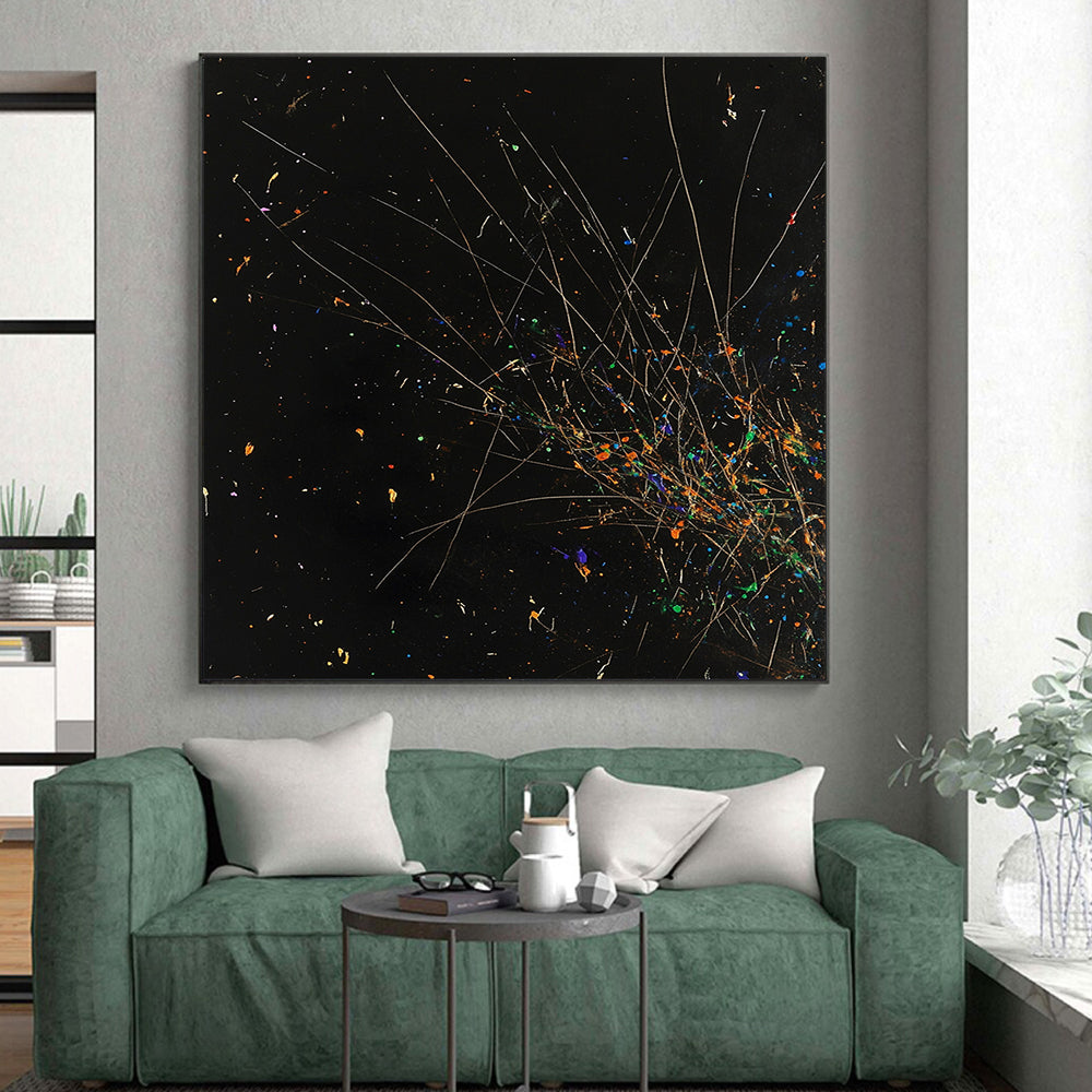 Black, Colorful Specks, Thin Lines "Starry Explosion" Abstract Painting On Canvas HB023
