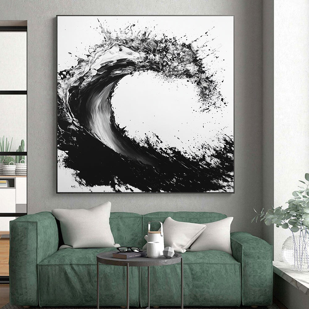 Black & White Ink Wave - “Powerful Ocean Ink” Painting On Canvas HB235