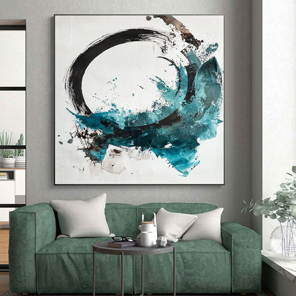 Black, White, Teal, Brown, Splattered Circle "Colorful Enso" Abstract Expressionist Painting On Canvas HB094