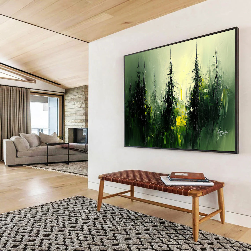 “Mystic Forest Glow” - Green, Yellow, Black, Abstract Trees - Oil Painting HB1485