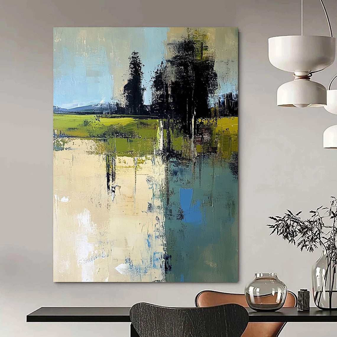Contemporary hand-painted abstract artwork featuring an Italian landscape with muted beige greens and blues in a minimalist style. DLZ0463