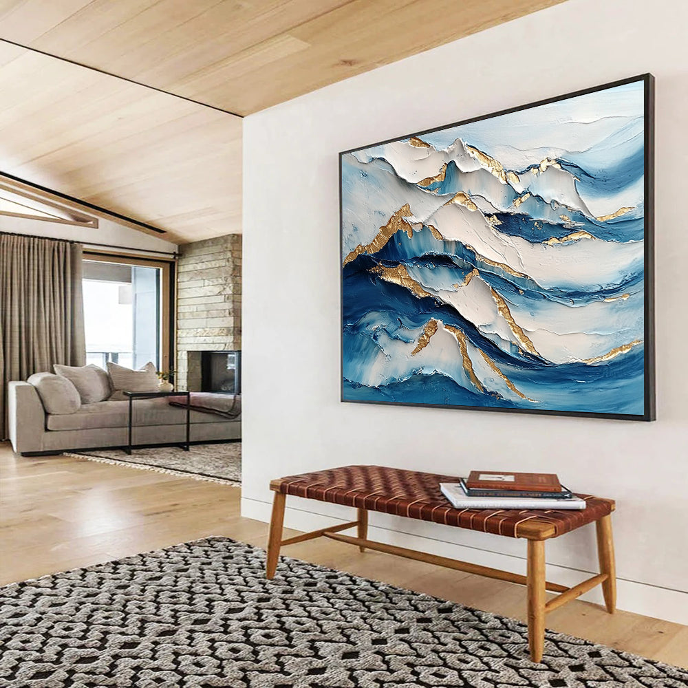 “Layered Wave Textures” - Blue, White, Gold, Layered Wave Textures Painting On Canvas HB0973