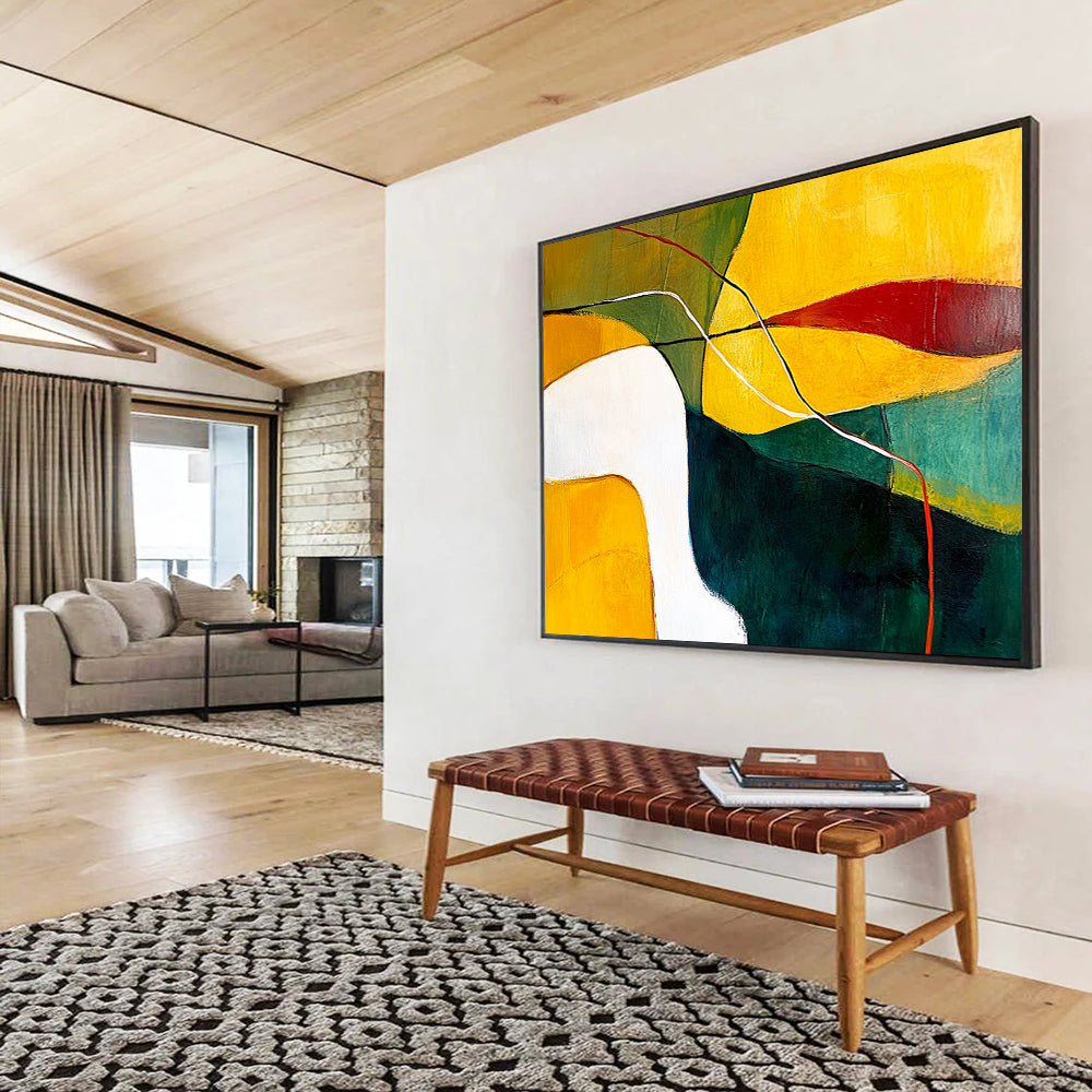 “Colorful Geometric Flow” - Yellow, Green, Red, Geometric Shapes and Lines Painting On Canvas HB0954