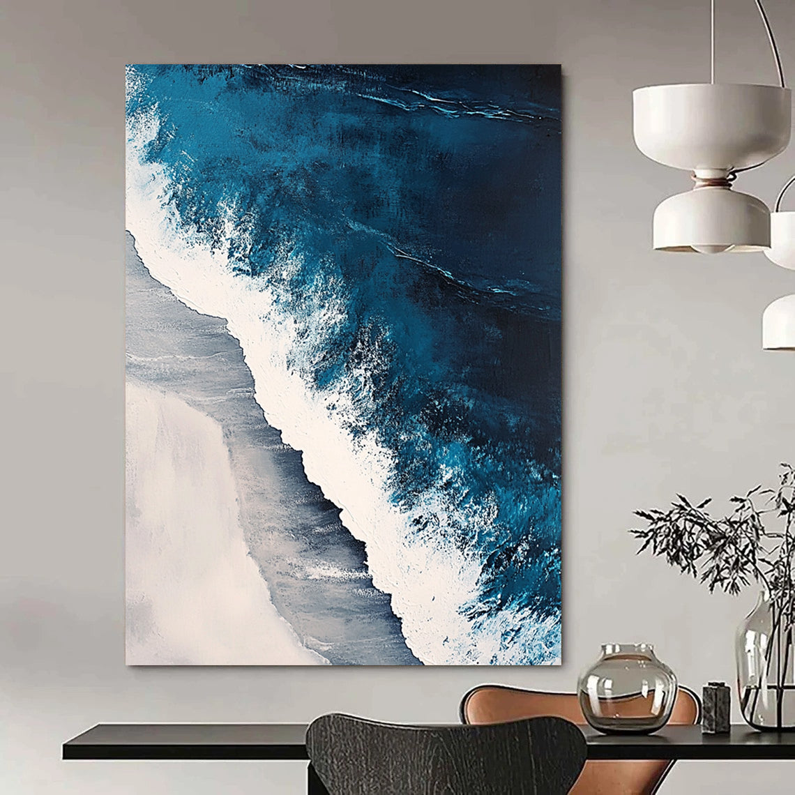 Contemporary abstract painting featuring oceanic waves in surreal blues and whites with textured details capturing nature's beauty in a hyper-realistic style. DLZ0846