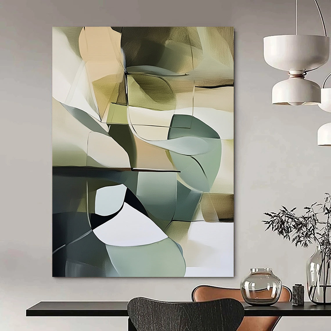 Contemporary abstract artwork featuring muted green tones and light colors against a dark gray background, inspired by Frey and Marie-Suze van der Hout. DLZ0490