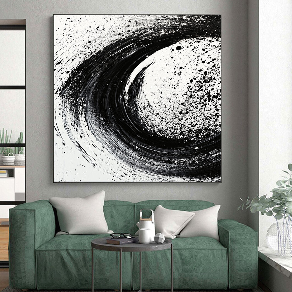 Black and White Swirling Splatter "Cosmic Tempest" Painting On Canvas HB281