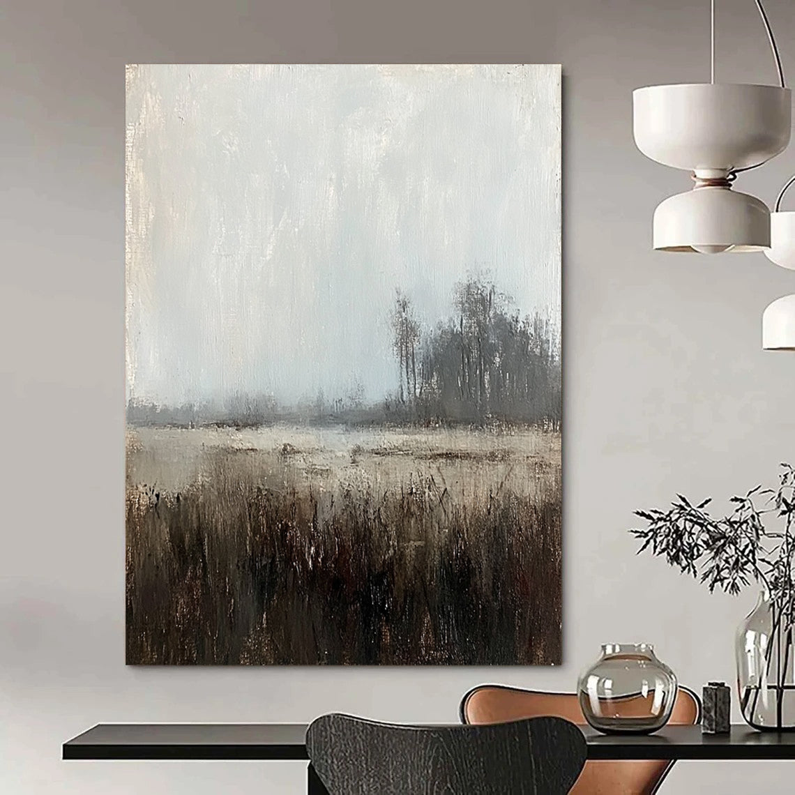Large contemporary abstract painting featuring muted tones of gray sky and distant trees creating a misty grassland scene with soft lighting and brushstrokes. DLZ0409