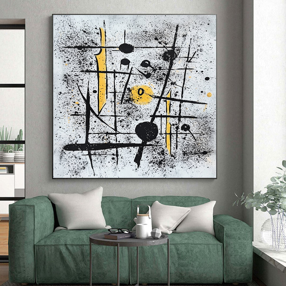 Black, White & Yellow Spattered Lines - “Chaotic Energetic Scribbles” Painting On Canvas HB205