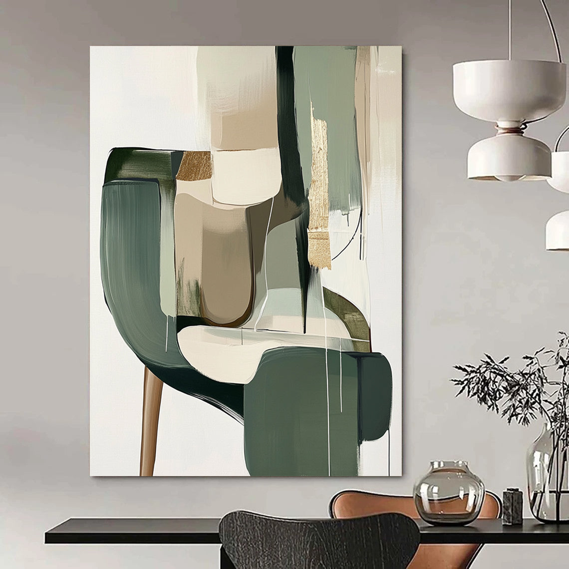 Contemporary hand-painted abstract artwork features muted sage green and neutral tones with gold foil accents and geometric shapes in a minimalistic Japandi style. DLZ0512