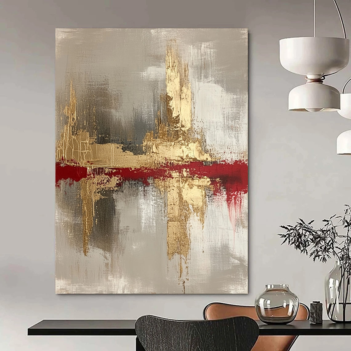 Contemporary hand-painted abstract art featuring gold, white, blue, black, and gray tones on a soft white background, perfect for modern decor. DLZ0437