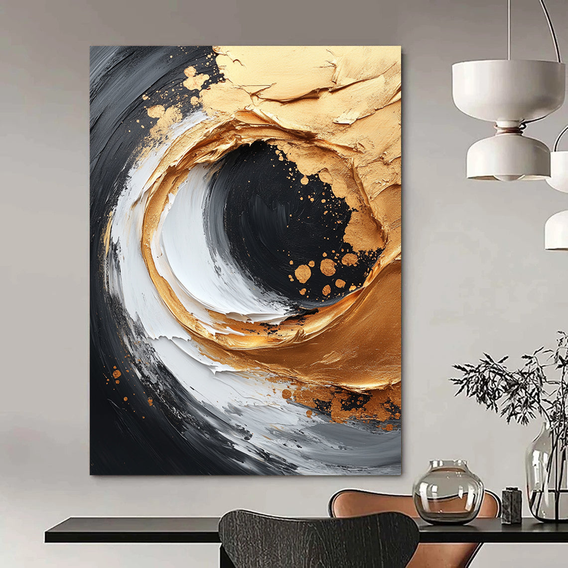 Contemporary abstract painting featuring gold and white brushstrokes on a black canvas with dynamic composition and textured accents in high resolution. DLZ0739