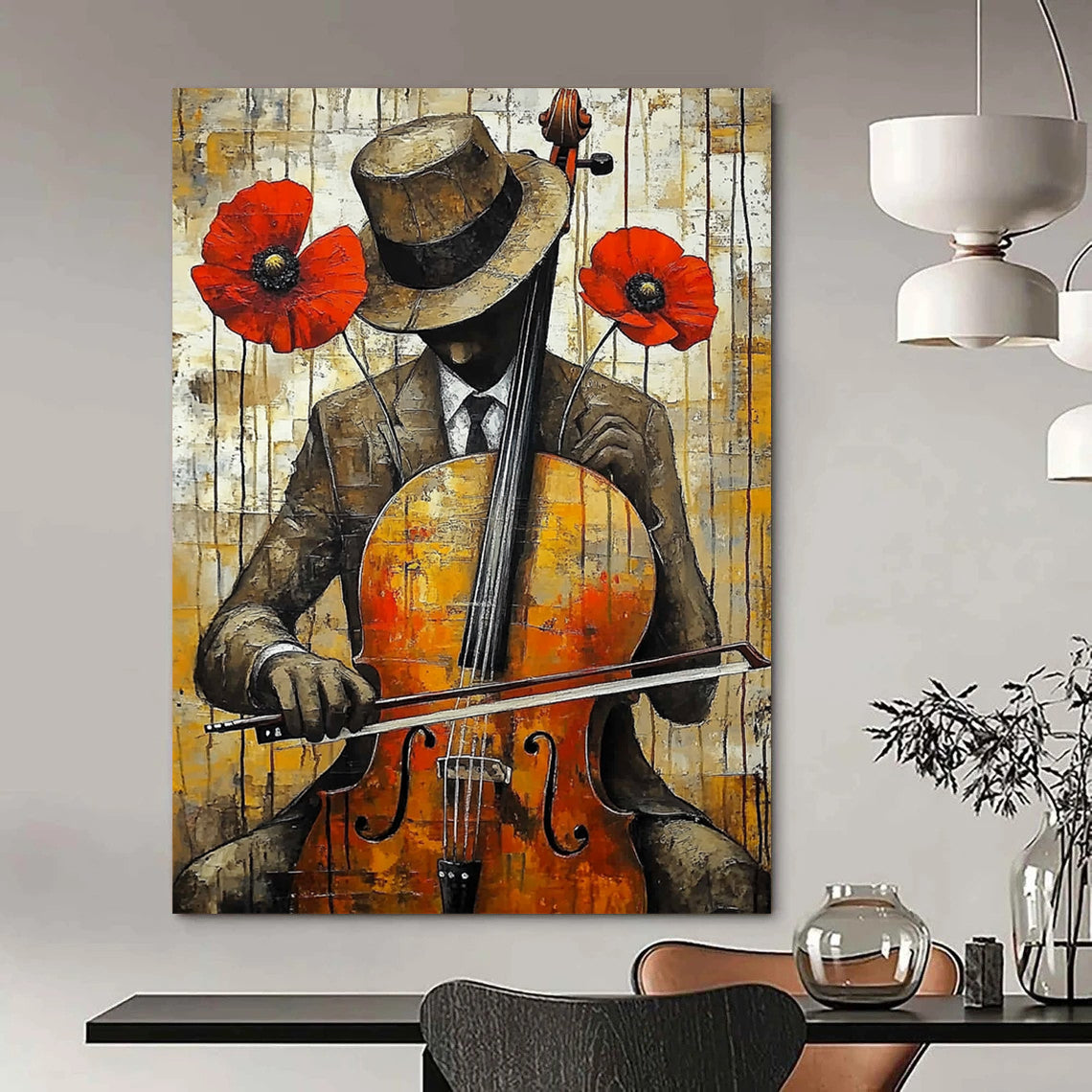 Contemporary abstract art featuring a cello player in vibrant yellow red and brown with dripping paint effect and urban background showcasing heavy brush strokes. DLZ1304