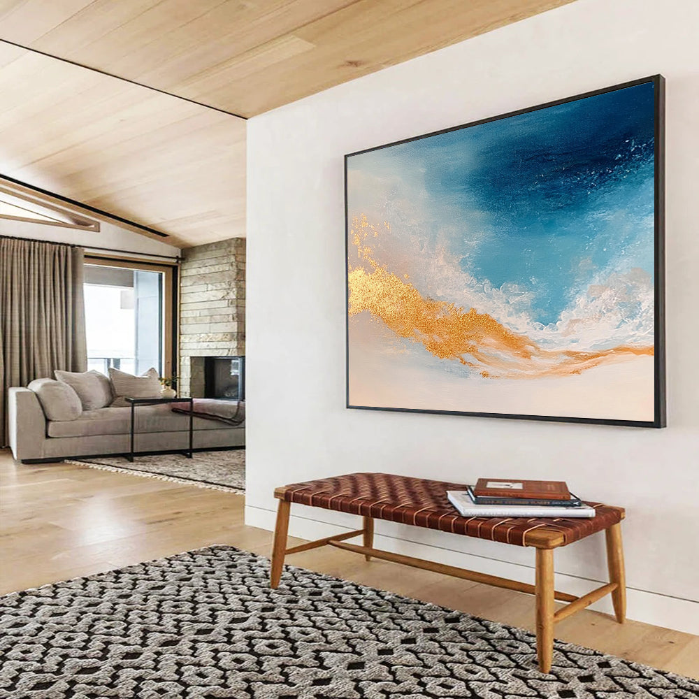 “Blue and Gold Ocean Waves” - Blue, Gold, White, Abstract Ocean Waves Painting On Canvas HB0971