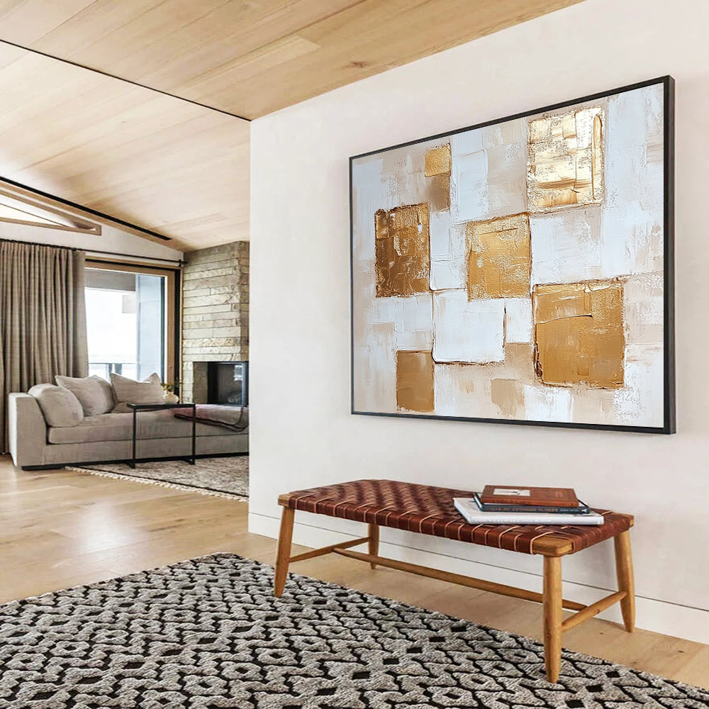 “Golden Squares” - Beige, White, Gold with Geometric Squares - Abstract Acrylic Painting HB1338