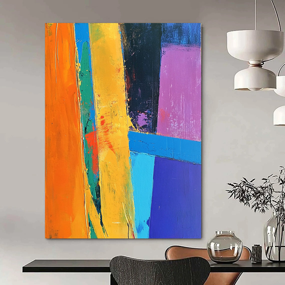Contemporary hand-painted abstract art features vibrant blue orange yellow with dynamic shapes and lines on a purple background crafted in thick acrylic strokes. DLZ0510