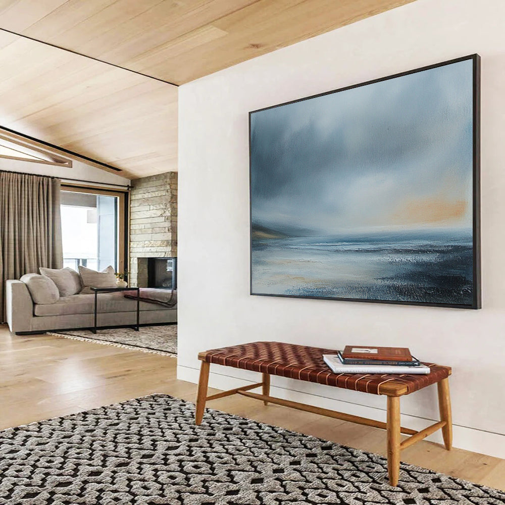 “Misty Coastal Landscape” - Gray, Blue, Subtle Orange, Atmospheric Seascape Painting On Canvas HB1008