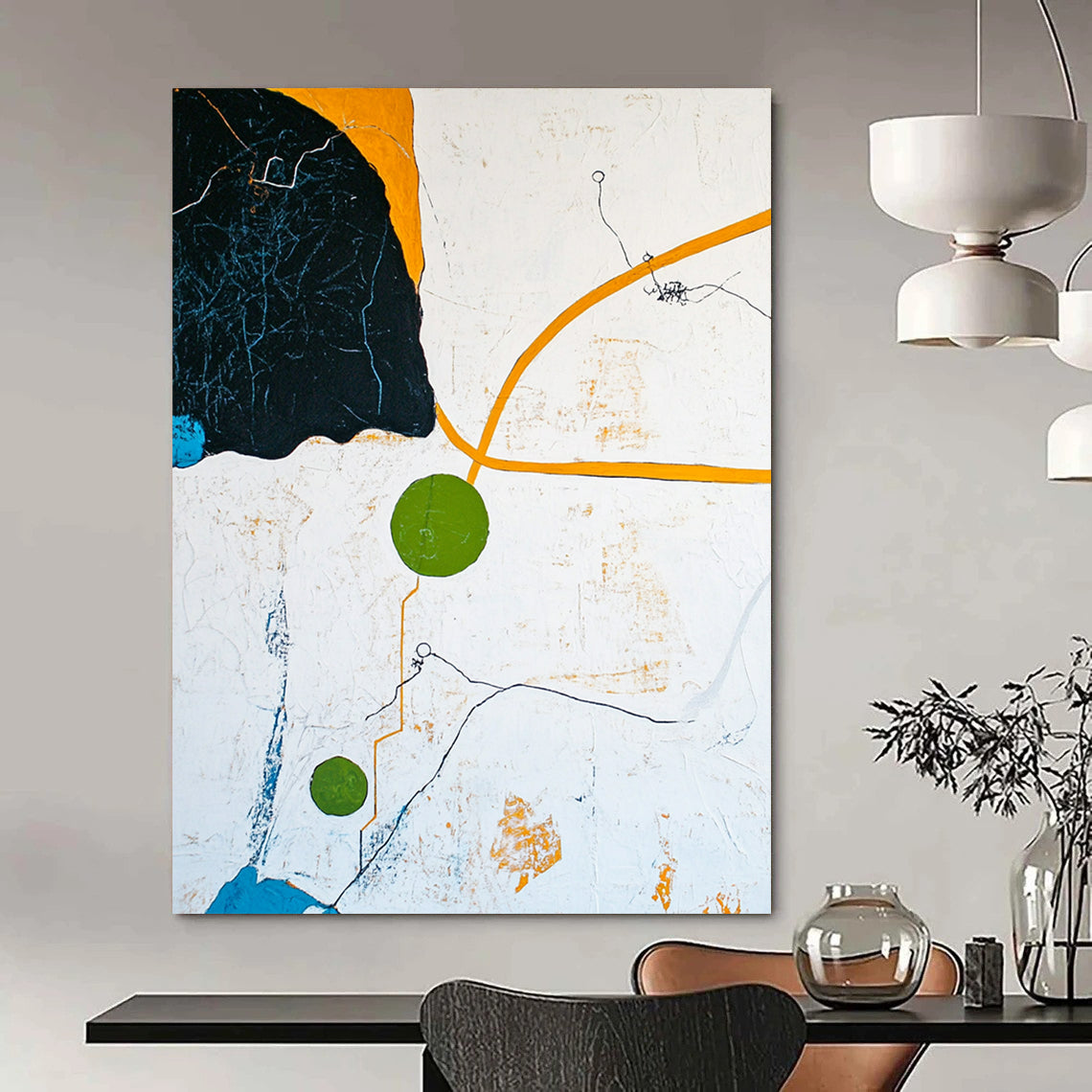 Contemporary hand-painted abstract artwork featuring an aerial landscape with blue sky yellow paths and green circle in a minimalist composition. DLZ0569