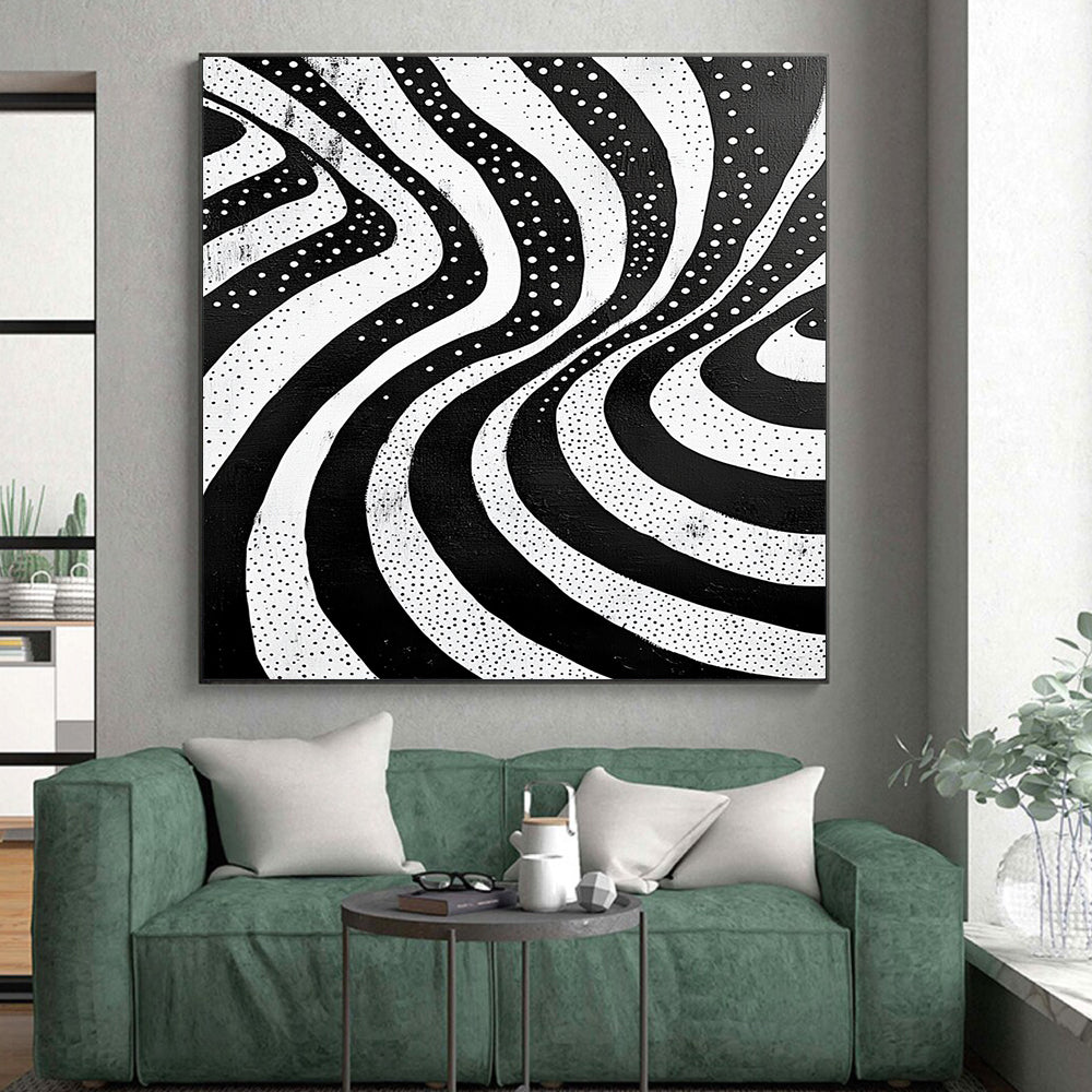 Black and White Wavy Dots "Rhythmic Flow" Painting On Canvas HB255