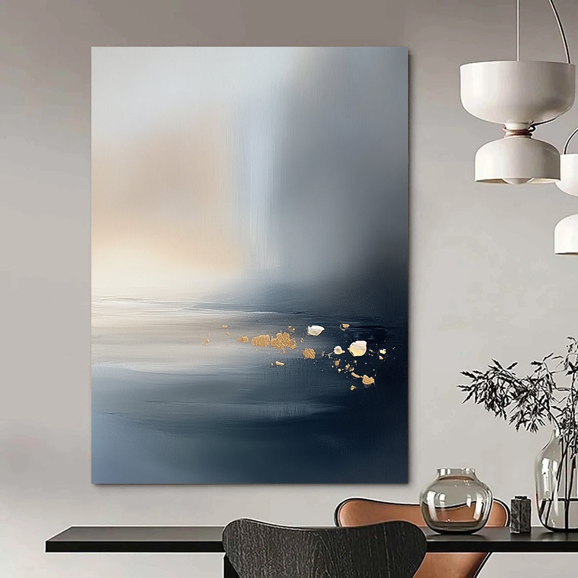 Large contemporary hand-painted abstract artwork featuring a serene misty ocean and sky with neutral tones and subtle gold and silver accents. DLZ0473