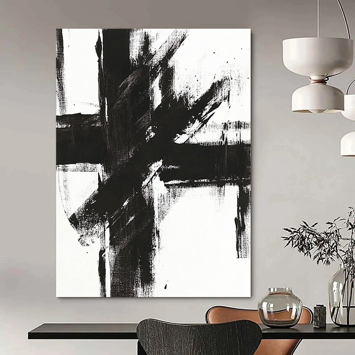 Contemporary abstract painting features a bold black and white cross with striking brush strokes on a bright canvas. DLZ0271