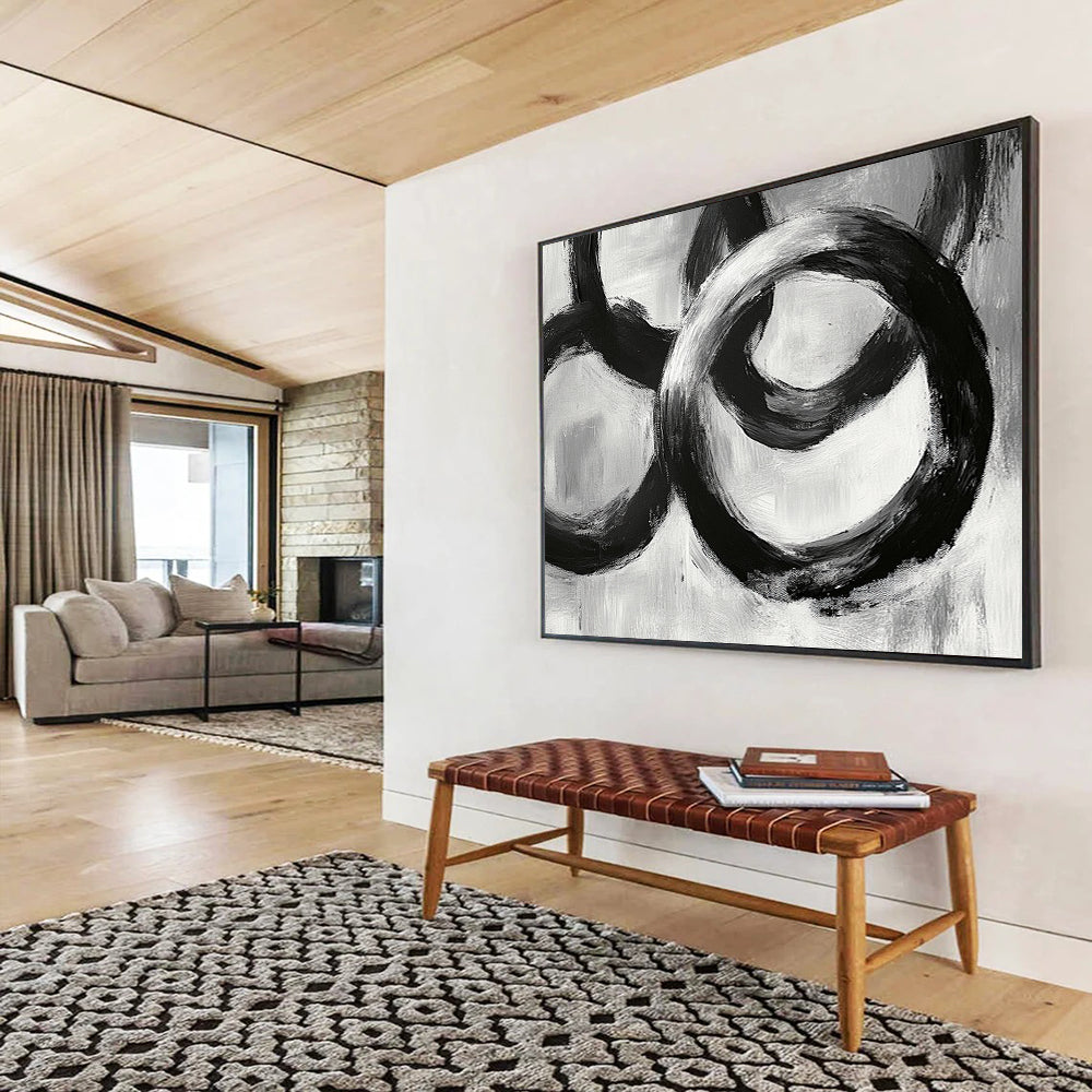 “Interlocking Black Rings” - Blacks, Whites, Grays, Abstract Circular Forms - Acrylic Painting HB1622