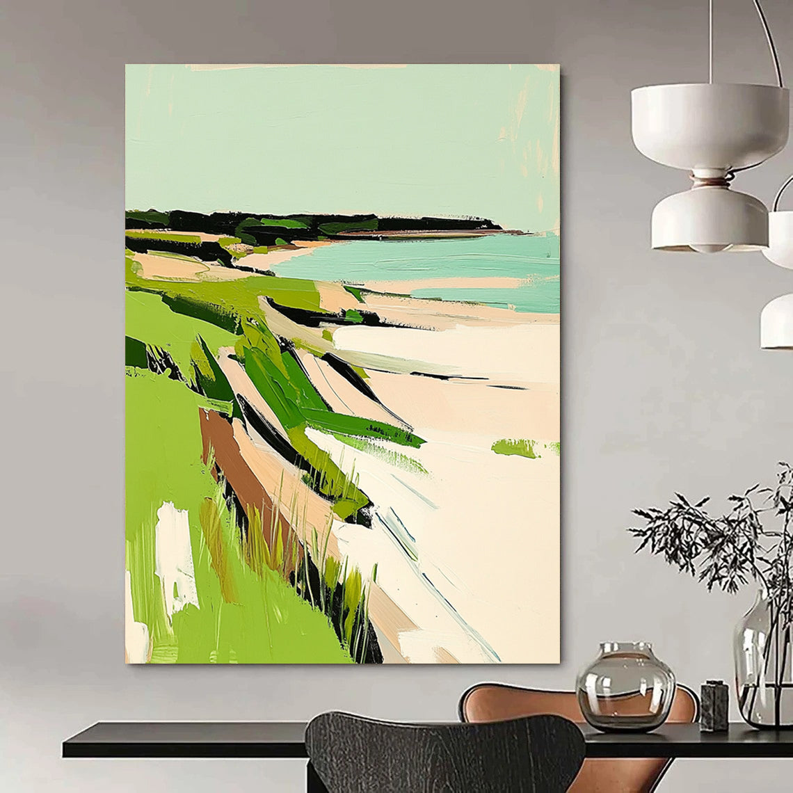 Contemporary abstract painting featuring New England coast with vibrant green grasses and serene white sandy beaches. Perfect for any modern space. DLZ0652