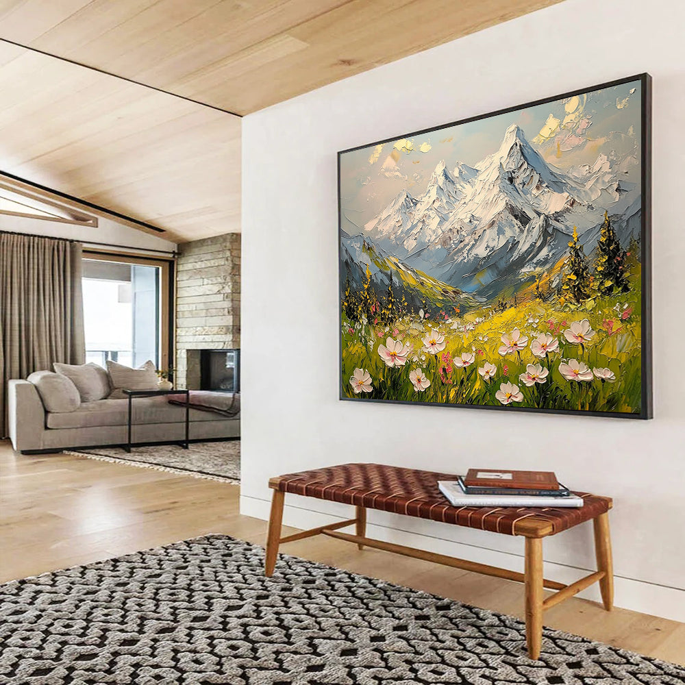 “Snowy Peaks & Flower Fields” - Whites, Greens, Yellows, Snow - capped Mountains & Wildflowers - Impasto Oil Painting HB1596
