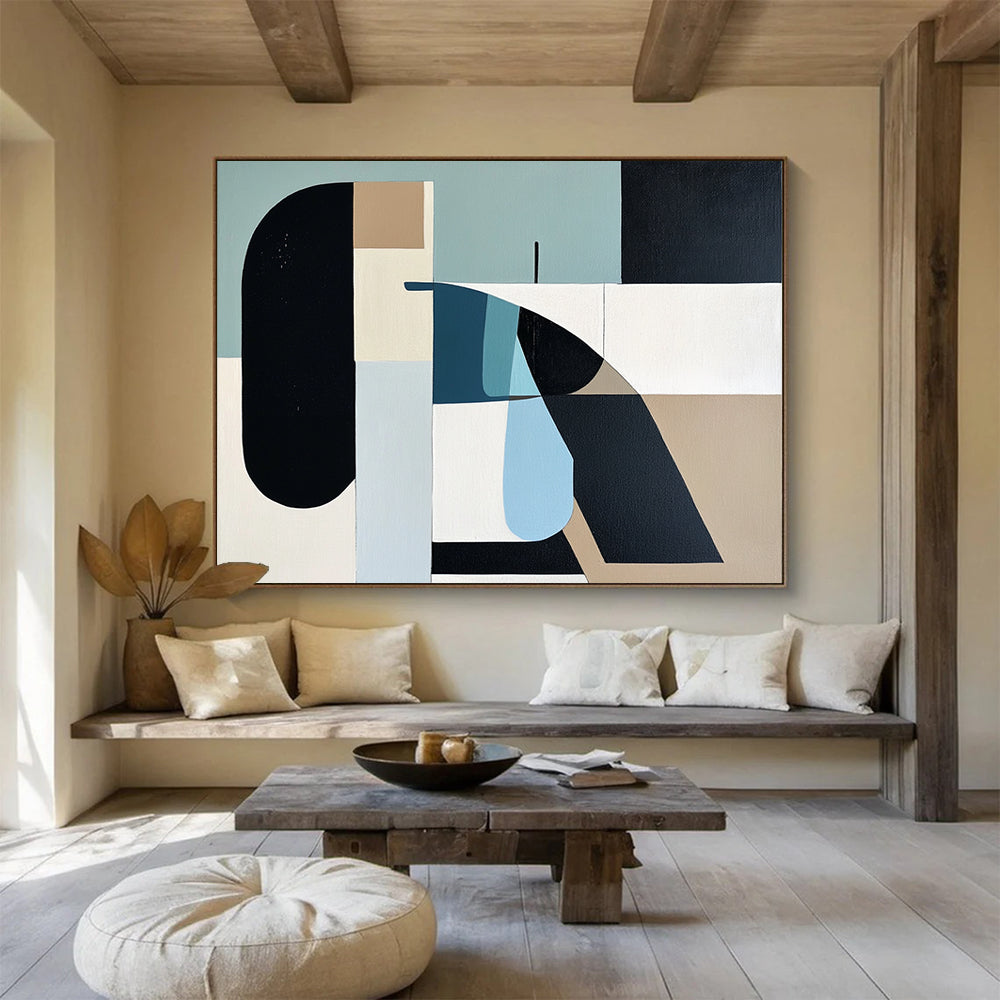 “Pastel Geometric Shapes” - Blue, Beige, Black, Abstract Forms - Mid - Century Acrylic Painting HB1492